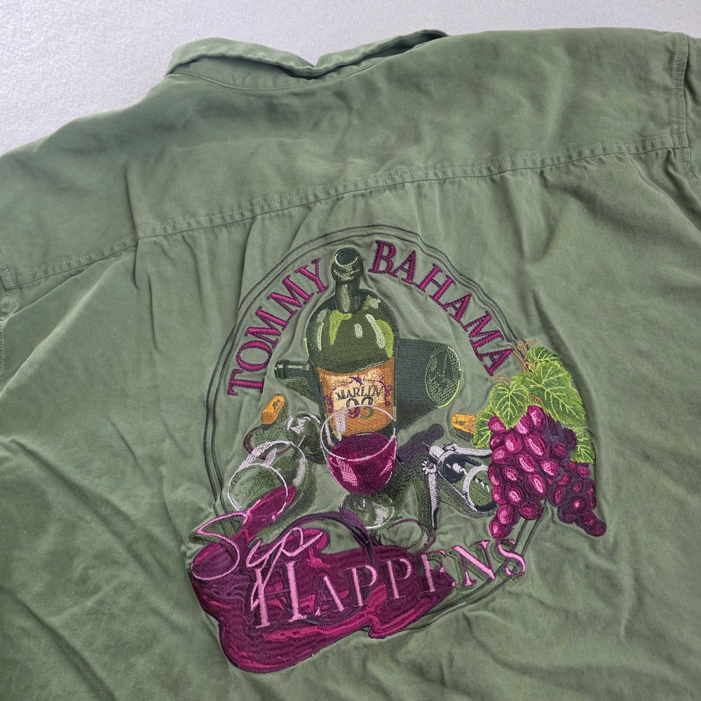 Tommy Bahama Silk Collection Sip Happens Wine Embroidered Shirt Olive Green XXL